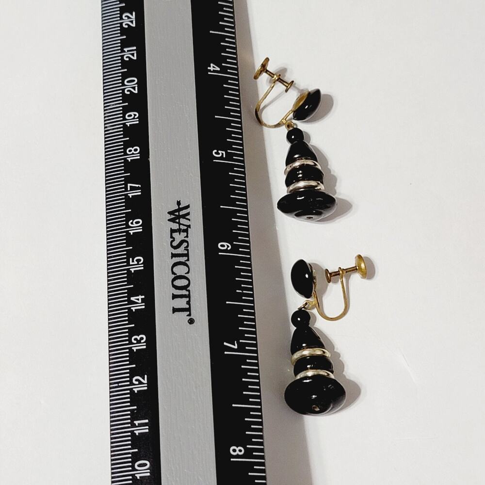 Vintage Black & Silver Mid-century Long Dangle Screw Back Earrings Lucite sb-32 - Picture 6 of 7